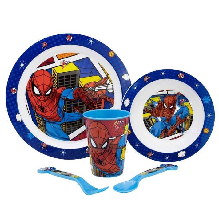 STOR - Gyermek műanyag edények Spiderman (tányér, tál, csésze, evőeszköz), 74750