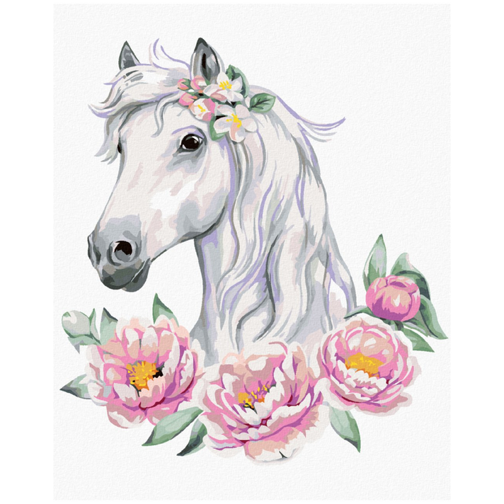 ZUTY - Gyémánt festmény (kerettel) - Fehér ló bazsarózsával